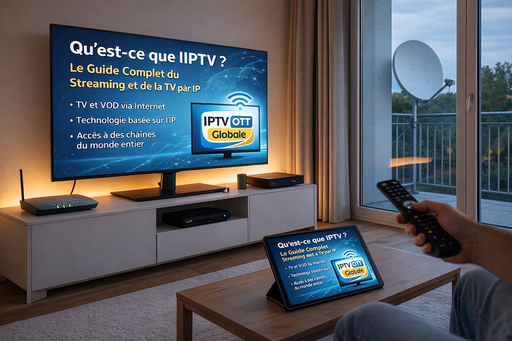 Qu’est-ce que l’IPTV – guide complet du streaming et de la télévision par IP avec logo IPTV OTT Globale